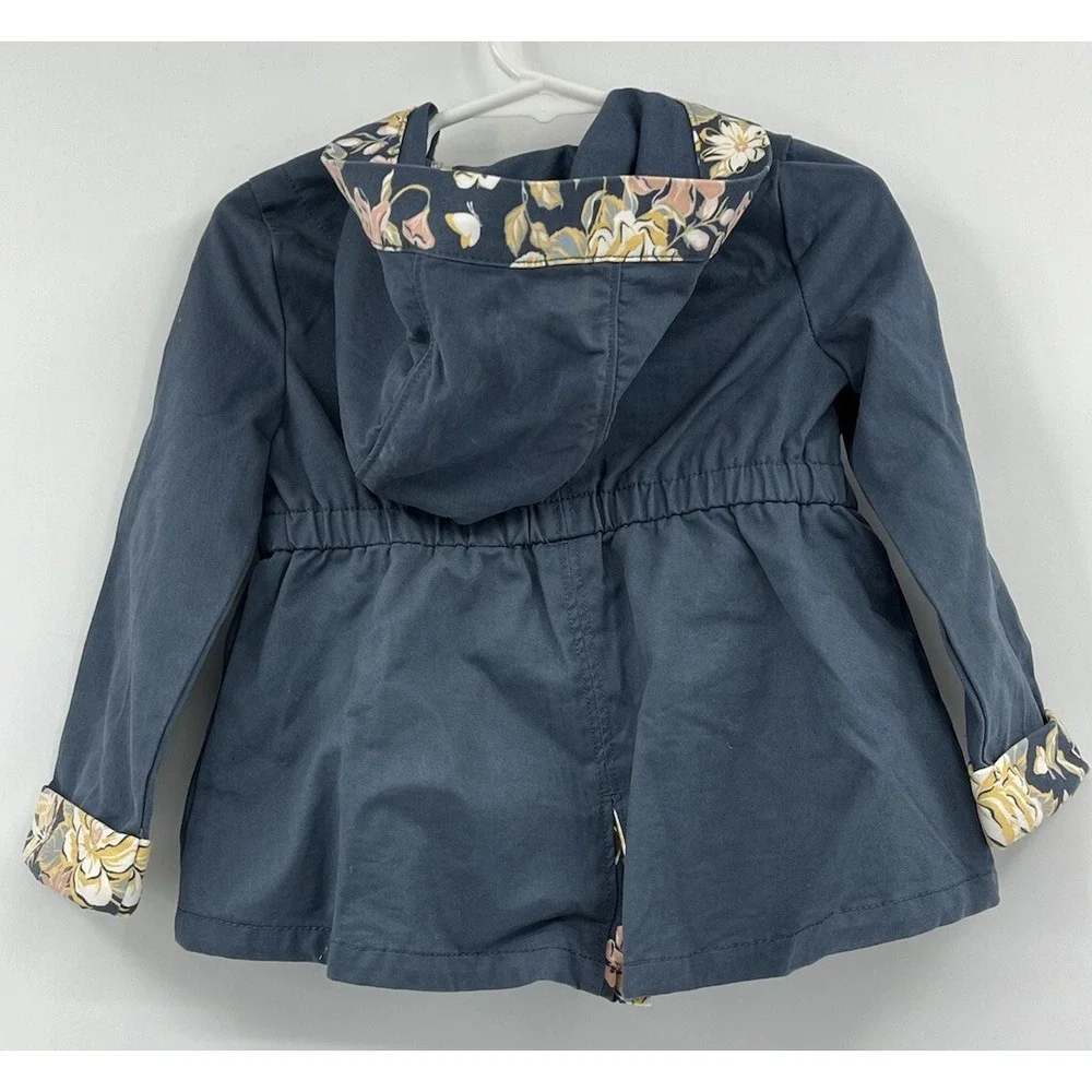 Max Studio Kids Hooded Jacket Blue Pockets Floral Snaps Size 18 Months Cotton